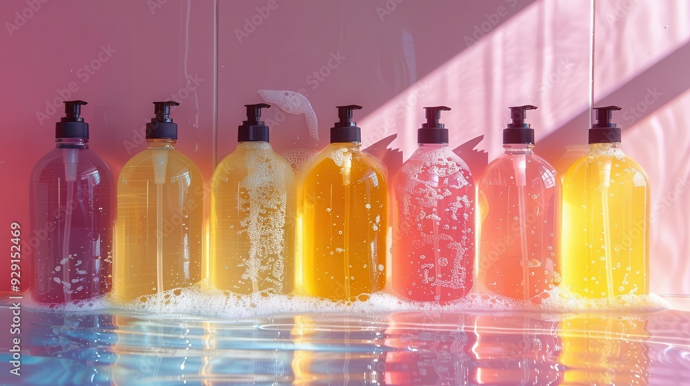 Vibrant liquid soap bottles lined up, reflecting colors and light, set against a soft pink backdrop, ideal for personal care themes. Vibrant liquid soap bottles lined up, reflecting colors and light, set against a soft pink backdrop, ideal for personal care themes.