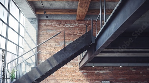Industrial Loft Staircase: Modern steel staircase ascending through exposed brick and beams in an urban loft space. 