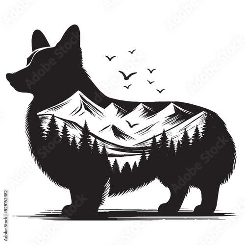 silhouette of Corgi, filled with mountain and nature view in rough drawing,