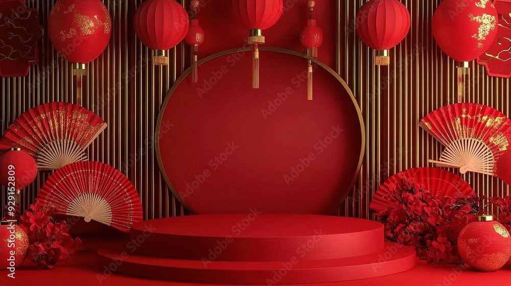 Chinese New Year Display: Festive Red and Gold Podium with Lanterns and Fans 