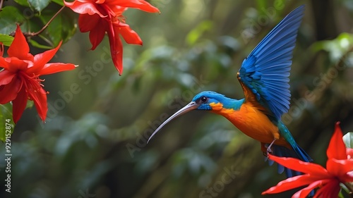 Immerse yourself in the diverse flora and fauna of Pichincha, Ecuador as you witness the majestic Pterophanes cyanopterus, or great sapphirewing, perched on a vibrant red bloom. The intricate details  photo