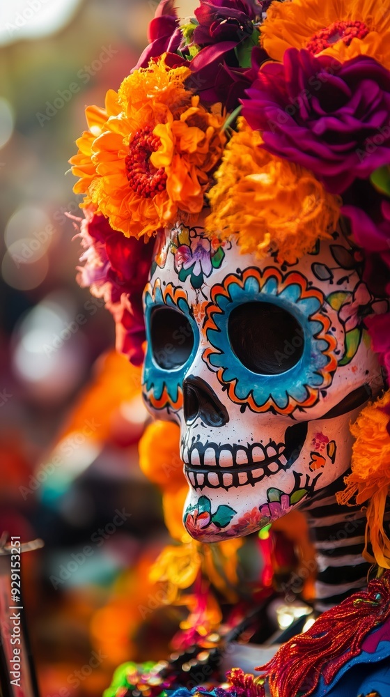Day of the Dead Skull with Flowers Close-Up Day of the Dead Skull with Flowers Close-Up
