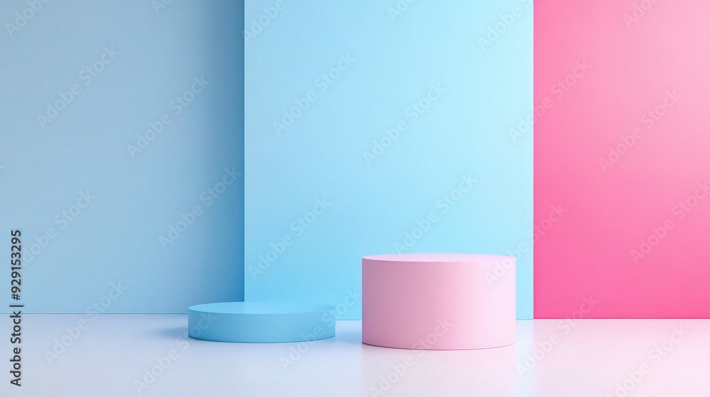Pastel Podium: A minimalist backdrop with two cylindrical platforms, one blue and one pink, set against a vibrant blue and pink wall Pastel Podium: A minimalist backdrop with two cylindrical platforms, one blue and one pink, set against a vibrant blue and pink wall