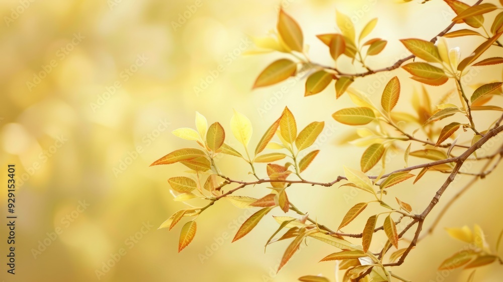 Golden leaves on a branch in a sunny meadow. AI generated images. Golden leaves on a branch in a sunny meadow. AI generated images.