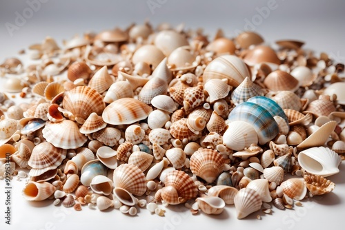 Summer flat lay, pile of colorful seashells close-up 