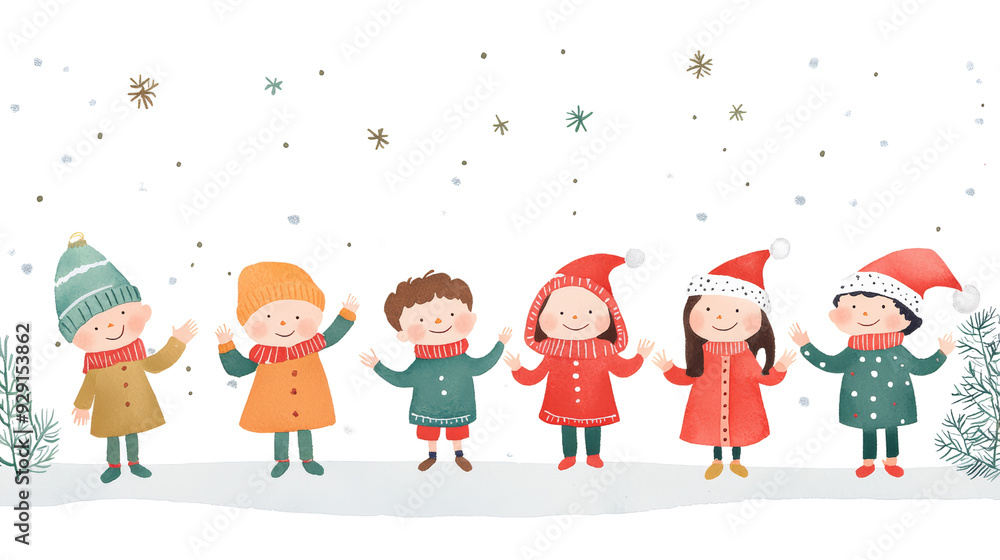 Illustration of children in winter clothing enjoying a snowy day, featuring snowflakes and festive attire. Perfect for holiday-themed designs. Illustration of children in winter clothing enjoying a snowy day, featuring snowflakes and festive attire. Perfect for holiday-themed designs.