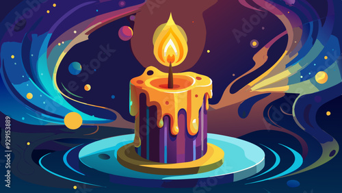 A design of a lit candle with a small flame and wax slowly melting