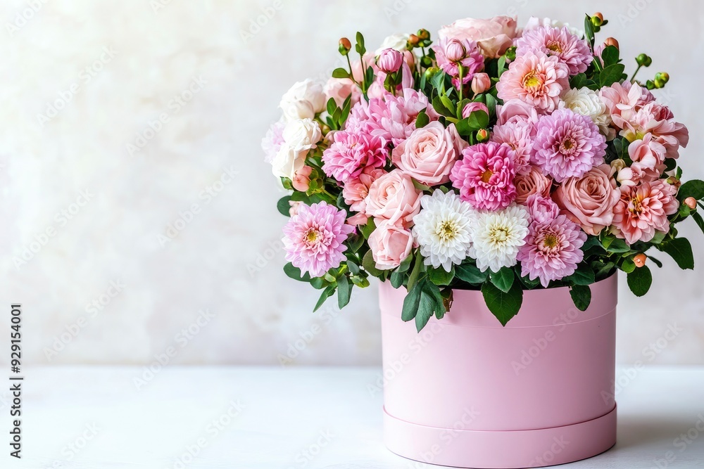 Beautiful bouquet of rose and chrysanthemums flowers and pink gift box on white table background. Gift for holiday, birthday, Wedding, Mother's Day, Valentine's day, Women's Day. with generative ai Beautiful bouquet of rose and chrysanthemums flowers and pink gift box on white table background. Gift for holiday, birthday, Wedding, Mother's Day, Valentine's day, Women's Day. with generative ai