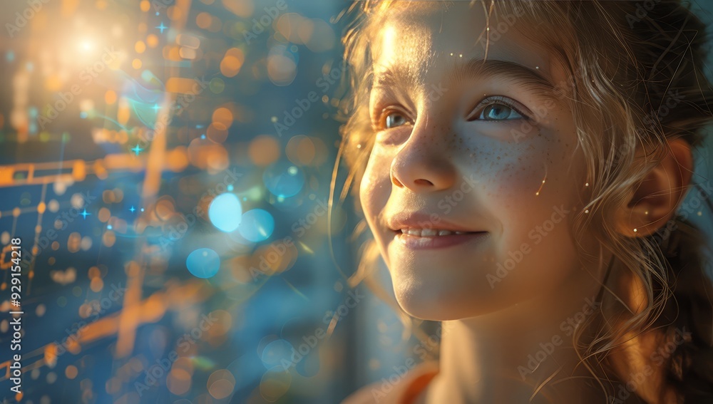 A young girl smiling, with a double exposure of solar panels and digital connections in the background. A young girl smiling, with a double exposure of solar panels and digital connections in the background.