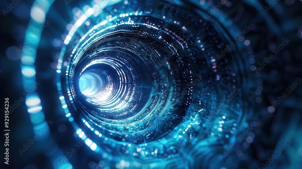 Obraz premium A mesmerizing digital tunnel with glowing lights, creating a sense of depth and infinite possibilities in a futuristic landscape.