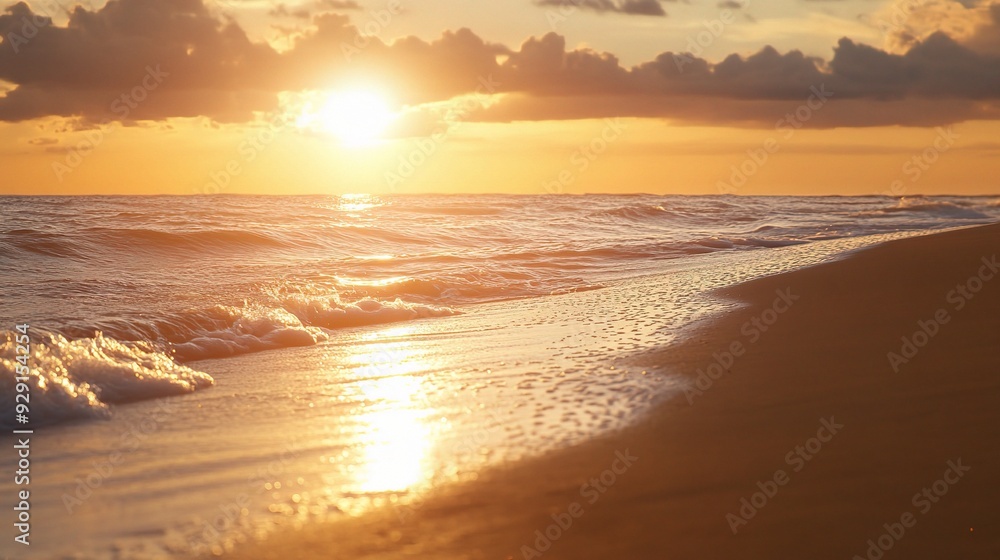 Golden Hour Serenity: Waves gently caress the sandy shore as the sun dips below the horizon, painting the sky in hues of orange and gold. Golden Hour Serenity: Waves gently caress the sandy shore as the sun dips below the horizon, painting the sky in hues of orange and gold.