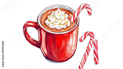 A festive red mug filled with hot chocolate, topped with whipped cream and accompanied by two candy canes, perfect for the holiday season. photo