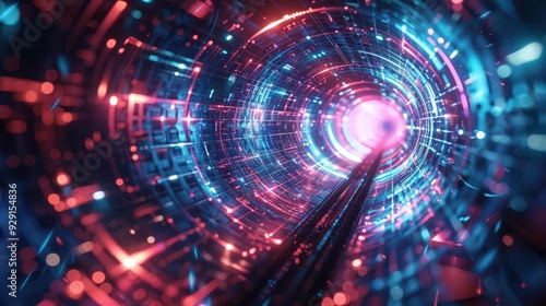 Futuristic digital tunnel with vibrant blue and red lights, creating a mesmerizing visual experience of motion and depth.