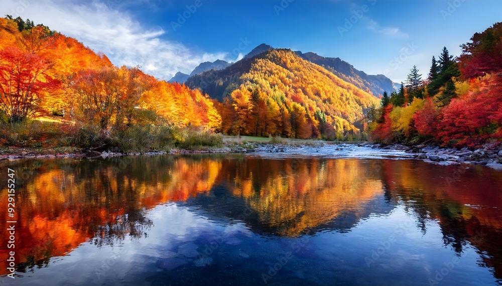 Vibrant autumn landscape reflecting colorful trees on a calm river beneath clear blue skies. Vibrant autumn landscape reflecting colorful trees on a calm river beneath clear blue skies.