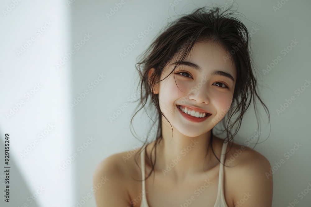 Beautiful young Asian woman smiling and happy created with Generative AI Beautiful young Asian woman smiling and happy created with Generative AI