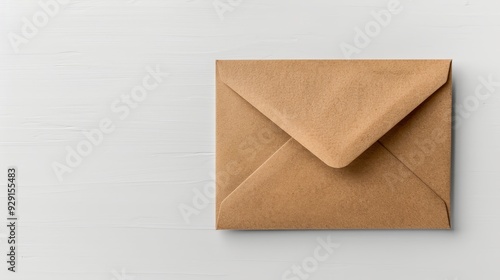 Minimalist setting brown envelope on white table in soft, natural light ambiance