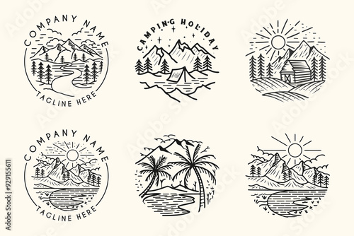 set monoline Mountain line art vector logo. mountain trees and nature, perfect for adventure or nature lovers