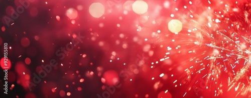 Festive New Year background in red color with pyrotechnic fireworks, lights, sparklers. Chinese New Year. New Year celebration, Christmas concept.