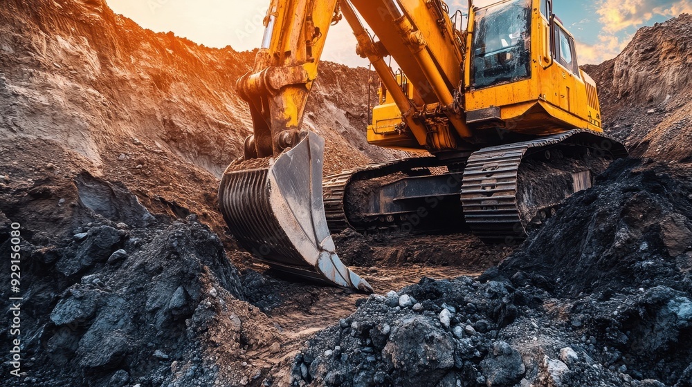 An excavator digs into the earth at dusk, surrounded by rocky terrain and a colorful sky An excavator digs into the earth at dusk, surrounded by rocky terrain and a colorful sky
