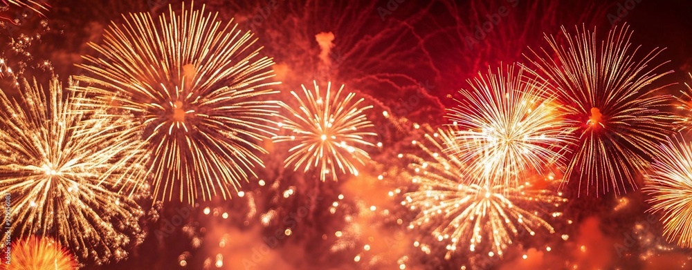 Festive New Year background in red color with pyrotechnic fireworks, lights, sparklers. Chinese New Year. New Year celebration, Christmas concept. Festive New Year background in red color with pyrotechnic fireworks, lights, sparklers. Chinese New Year. New Year celebration, Christmas concept.