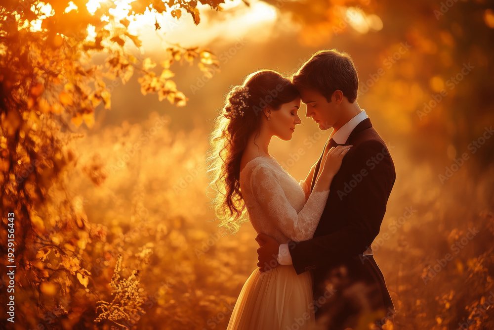 A romantic embrace between a couple in a golden autumn sunset, capturing love and warmth in a vibrant outdoor setting A romantic embrace between a couple in a golden autumn sunset, capturing love and warmth in a vibrant outdoor setting