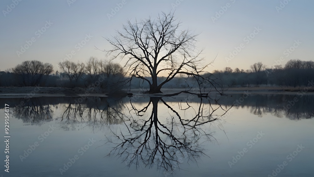 A lone, leafless tree stands on a reflective surface, its branches delicate against a pale, fading sky, symbolizing solitude A lone, leafless tree stands on a reflective surface, its branches delicate against a pale, fading sky, symbolizing solitude