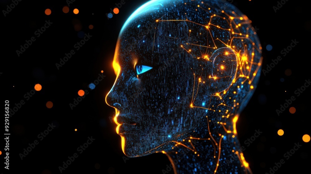 Side view of a humanoid head with blue and yellow eyes and vibrant neon neural network, representing futuristic technology and artificial intelligence. Generative AI Side view of a humanoid head with blue and yellow eyes and vibrant neon neural network, representing futuristic technology and artificial intelligence. Generative AI