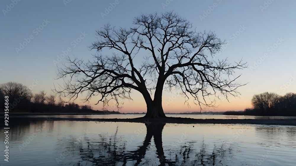 A lone, leafless tree stands on a reflective surface, its branches delicate against a pale, fading sky, symbolizing solitude A lone, leafless tree stands on a reflective surface, its branches delicate against a pale, fading sky, symbolizing solitude