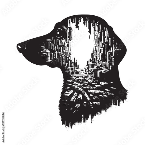 silhouette of Dachshund, filled with destroyed futuristic dystopia environment in rough drawing,