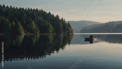 A small boat floats on a perfectly calm, mirrored lake, with a barely visible horizon. The scene is monochromatic, evoking stillness photo