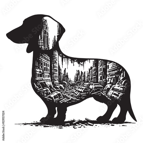 silhouette of Dachshund, filled with destroyed futuristic dystopia environment in rough drawing,
