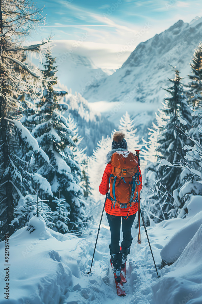 Adventure Awaits: A Woman Skiing Through the Majestic Alpine Landscape Under Clear Blue Skies Adventure Awaits: A Woman Skiing Through the Majestic Alpine Landscape Under Clear Blue Skies