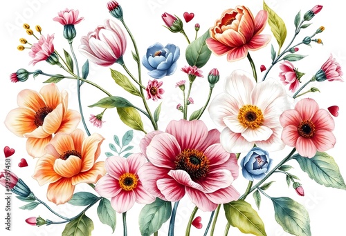 Colorful various flowers with various of pink purple yellow and blue against a white background