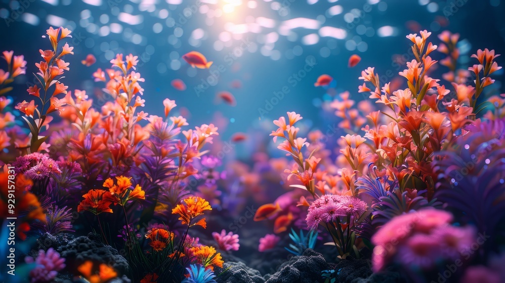 Underwater floral paradise with orange fish and sunbeams. Underwater floral paradise with orange fish and sunbeams.
