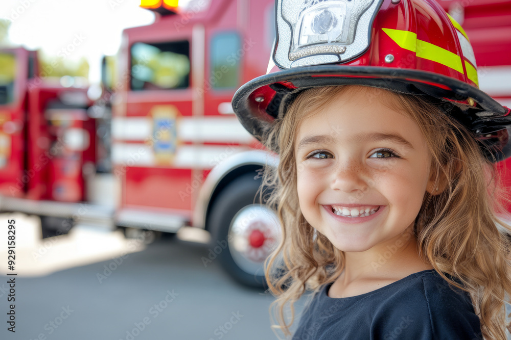 Smiling Child in Firefighter Helmet Near Fire Truck Smiling Child in Firefighter Helmet Near Fire Truck