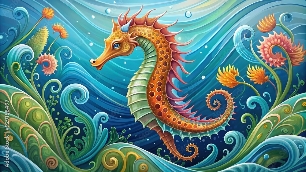 Fototapeta premium Stylized illustration of a majestic seahorse with vibrant scales and flowing fins, swimming amidst swirling ocean waves and seaweed, in a whimsical vector design.