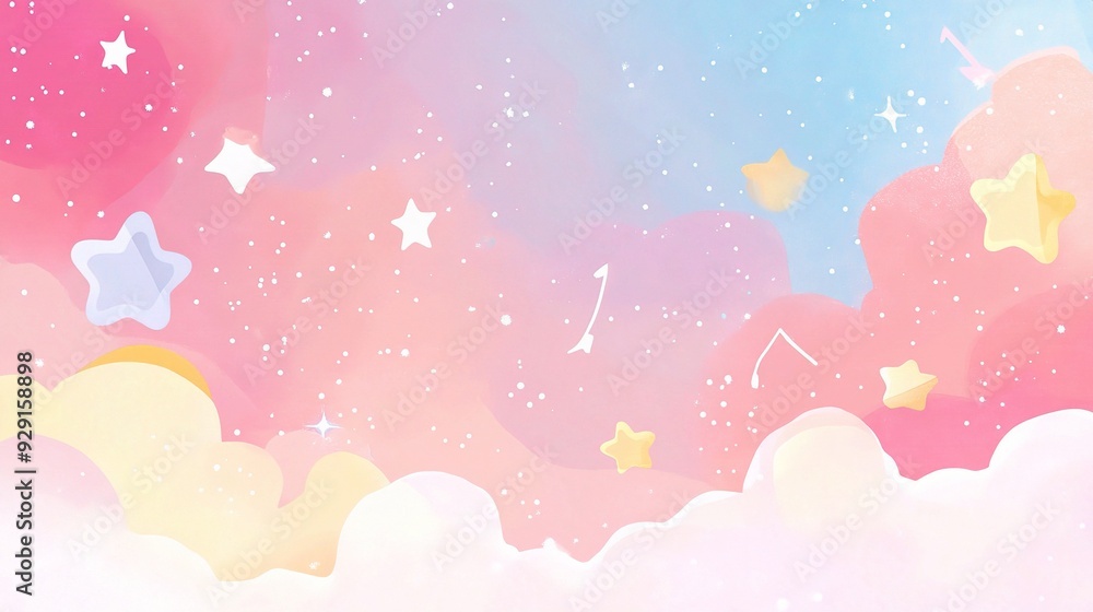 Obraz premium Dreamy Pastel Galaxy: A whimsical, hand-drawn illustration of a pastel galaxy with fluffy clouds and sparkling stars, perfect for a magical and dreamy aesthetic. 