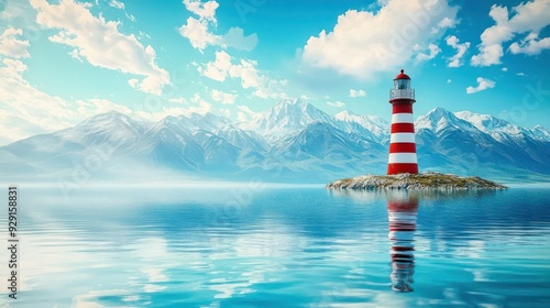 Watercolor painting of a red and white striped lighthouse on an island, with mountains in the background and reflections in calm waters. The blue sky features clouds, enhancing the serene scene.