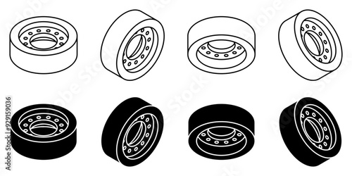 set of isometric wheel vector silhouette