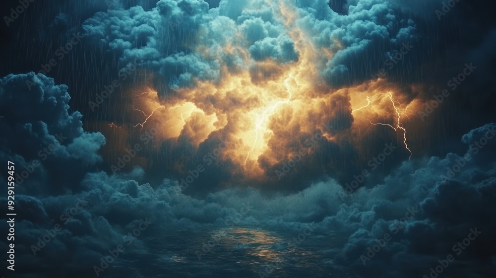 Lightning Storm Over Turbulent Sea - Powerful lightning strikes through dark, stormy clouds over a turbulent sea, creating an intense and dramatic seascape. Lightning Storm Over Turbulent Sea - Powerful lightning strikes through dark, stormy clouds over a turbulent sea, creating an intense and dramatic seascape.