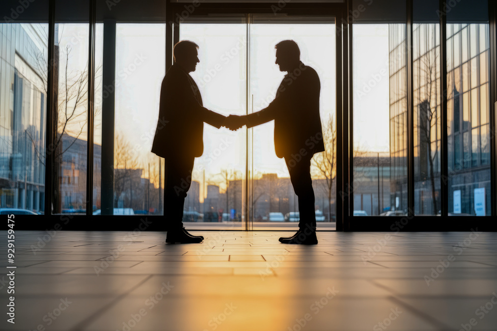 Silhouetted Businessmen Shaking Hands in Office Lobby Silhouetted Businessmen Shaking Hands in Office Lobby