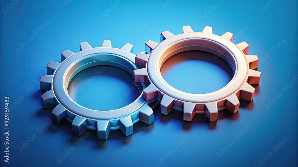 Stylized illustration of two connected gears forming a circle, symbolizing unity, cooperation, and harmony in a modern, minimalist, and futuristic isometric design. Stylized illustration of two connected gears forming a circle, symbolizing unity, cooperation, and harmony in a modern, minimalist, and futuristic isometric design.