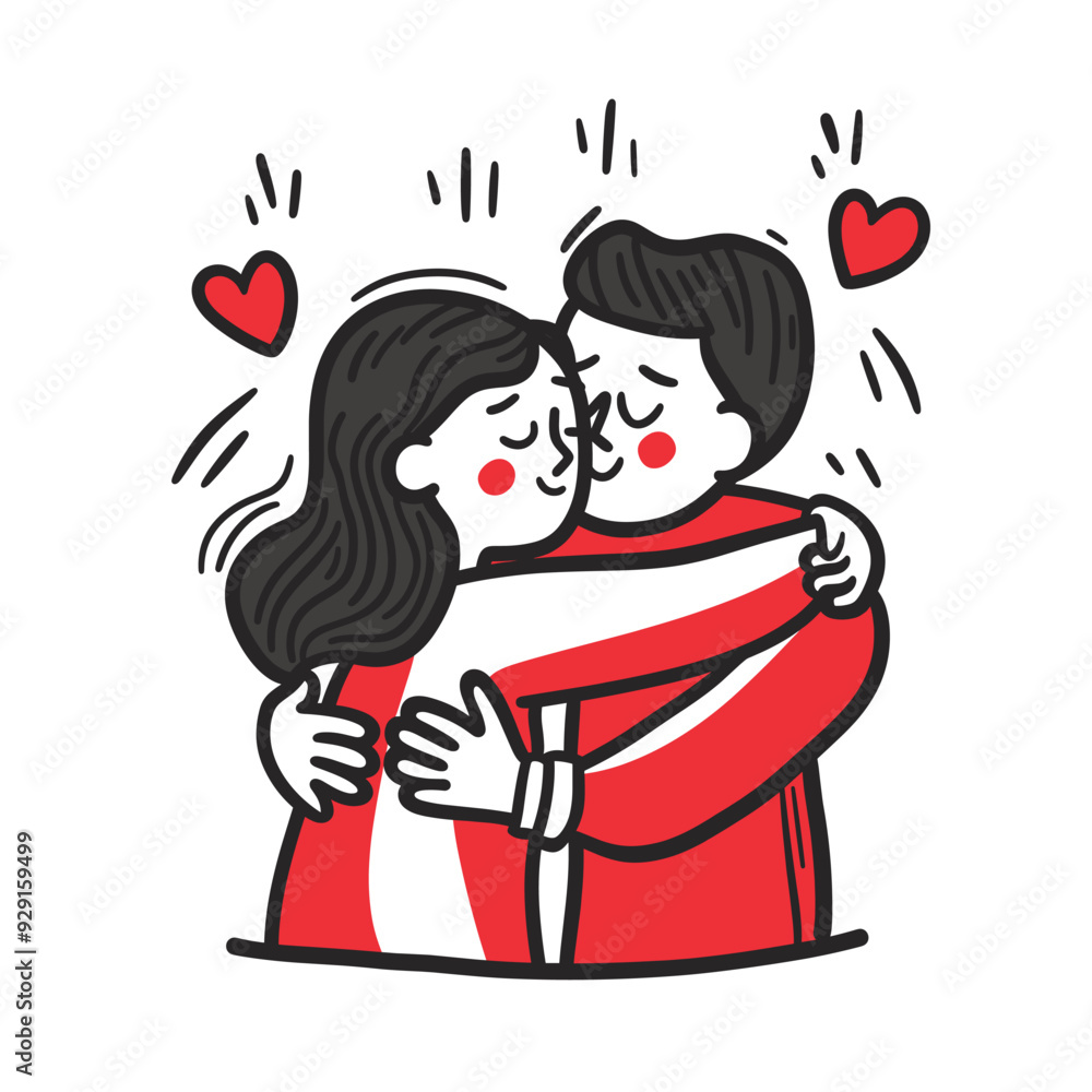 Cute couple hugging, surrounded by hearts in a minimalist style Cute couple hugging, surrounded by hearts in a minimalist style