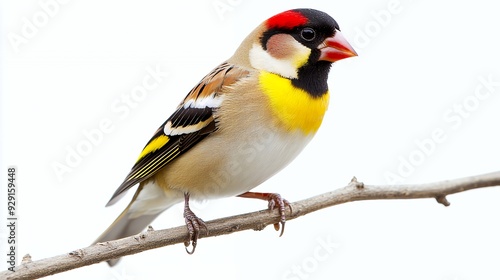 A colorful goldfinch perched on a branch, showcasing its vibrant plumage.