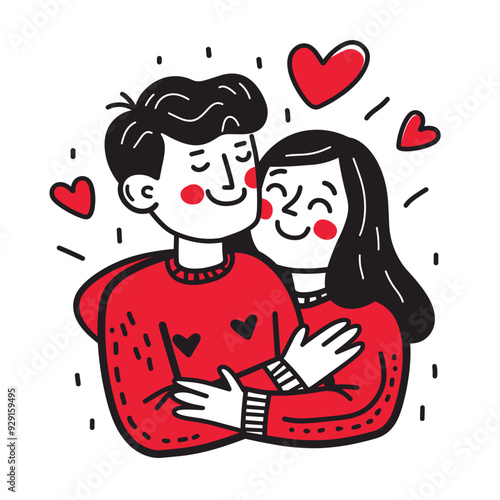Cute couple hugging, surrounded by hearts in a minimalist style