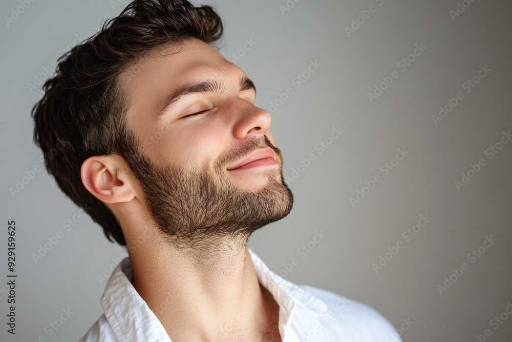 A close up of a man's face with his eyes closed
