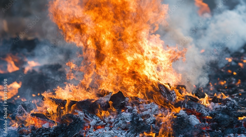 Flames erupt from burning charcoal, creating a vivid display of fire and smoke in a forest setting Flames erupt from burning charcoal, creating a vivid display of fire and smoke in a forest setting