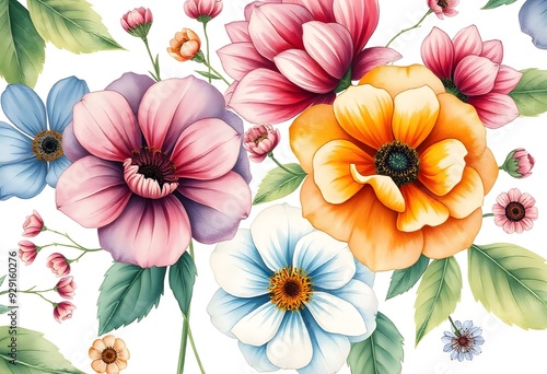 Colorful various flowers with various of pink  purple  yellow  and blue against a white background