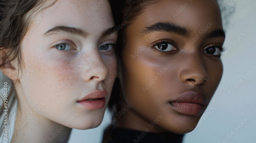 Portrait of two young women with different skin tones, looking directly at the camera. Generative AI. Portrait of two young women with different skin tones, looking directly at the camera. Generative AI.