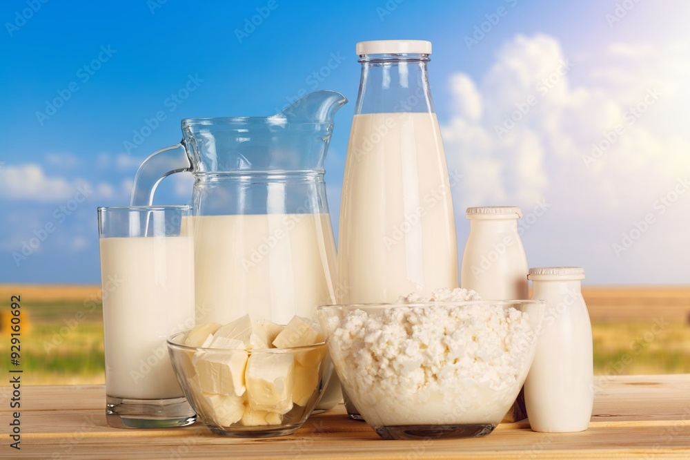 Fresh Milk in glass bottle, farm elements